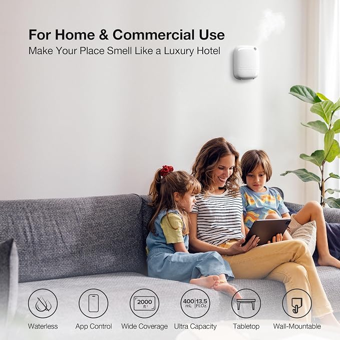 Smart Waterless Essential Oil Diffuser (400 mL Capacity) Hotel Scent Starter Kit with 200mL Fragrance Oil, Up to 2000 sq ft App Control Scent Air Machine with 12V1A Power Adapter, ANW Kit White