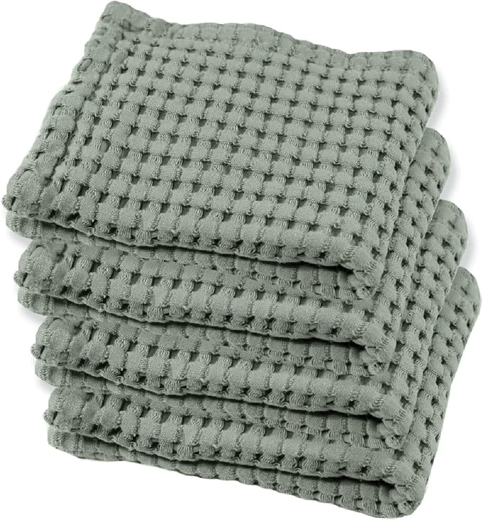GILDEN TREE Waffle Bath Towels Wash Cloths for Showering, Exfoliating Washcloth Quick Dry Towel, Face Towels for Washing Face Cotton Washcloths Set of 4, Modern Style (Sage Grey)