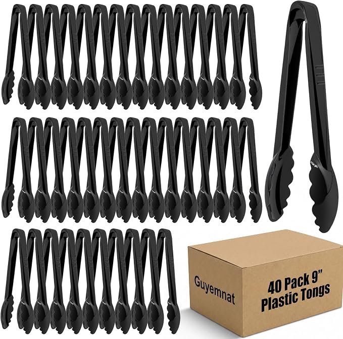 40 PCS Plastic Serving Tongs, Black Disposable Kitchen Salad Tongs | 9 Inch Disposable Serving Utensils Set, Perfect for Kitchen Buffets, BBQ Events Catering