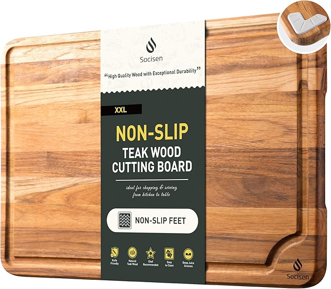 Extra Large Teak Cutting Board 20'' Kitchen Non Slip Wood Butcher Block | Wooden Chopping Board, Heavy Duty, Over Sink, Solid Thick, Meat, Easy to Clean, Extra Large, Best Kitchen Essential Gift