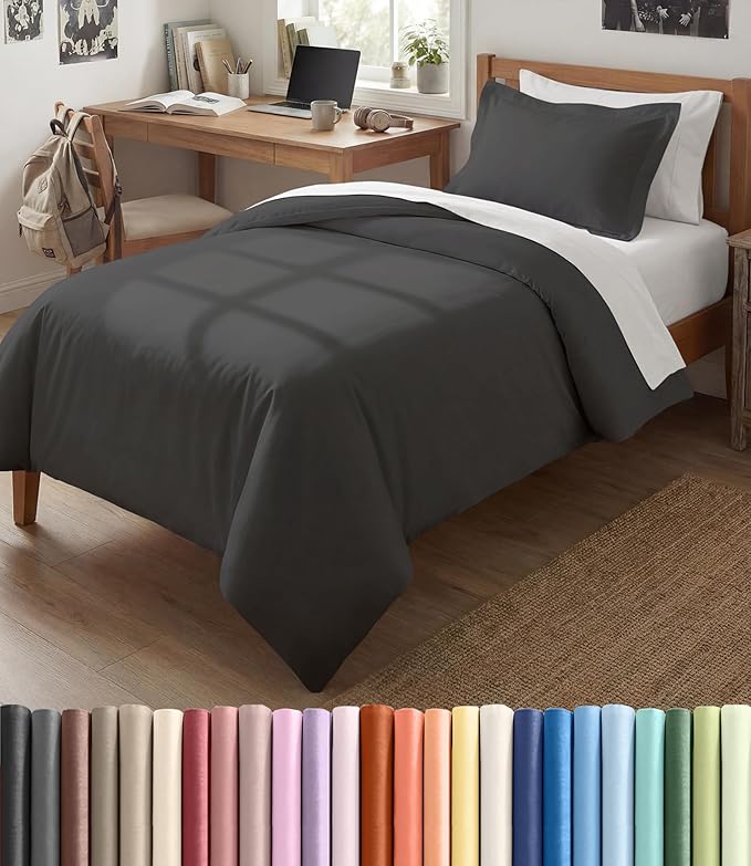 Duvet Cover Twin/Twin XL Size Set - Extra Soft Twin/Twin XL Duvet Cover 68" x 90" with 1 Pillow Sham for Women, Men, Kids & Teens - Comfy, Easy-Care & Fade Free w/ Zipper Closures & Ties (Charcoal)