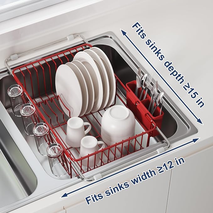JASIWAY Red Dish Drying Rack in Sink, Dish Drainer with Utensil Holder | Over The Sink Expandable Stainless Steel Strainer Dryer Rack for Small Kitchen, Counter Space Saving, Fast Drain, Rustproof