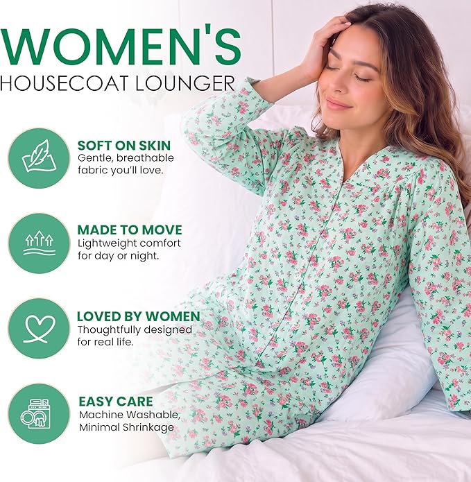 Casual Nights Women's Floral Snap Front Flannel Duster Long Sleeve Lounger Dress