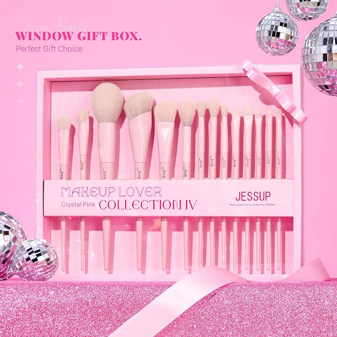 Jessup Pink Makeup Brushes Set 14Pcs Make up Brushes Premium Vegan Foundation Concealer Blush Eyeshadow Eyeliner Powder Highlighter Blending Face Brush Set with Gift Box, T495-G