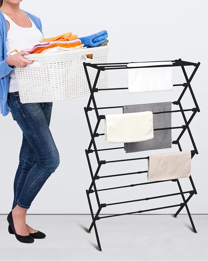 ZOES HOMEWARE 4-Tier Clothes Drying Rack, 4ft High Foldable Drying Rack Clothing for Indoor & Outdoor, Portable Collapsible Laundry Dryer for Laundry Room and Apartment, Black 29" L x 49" H x 11.5" W