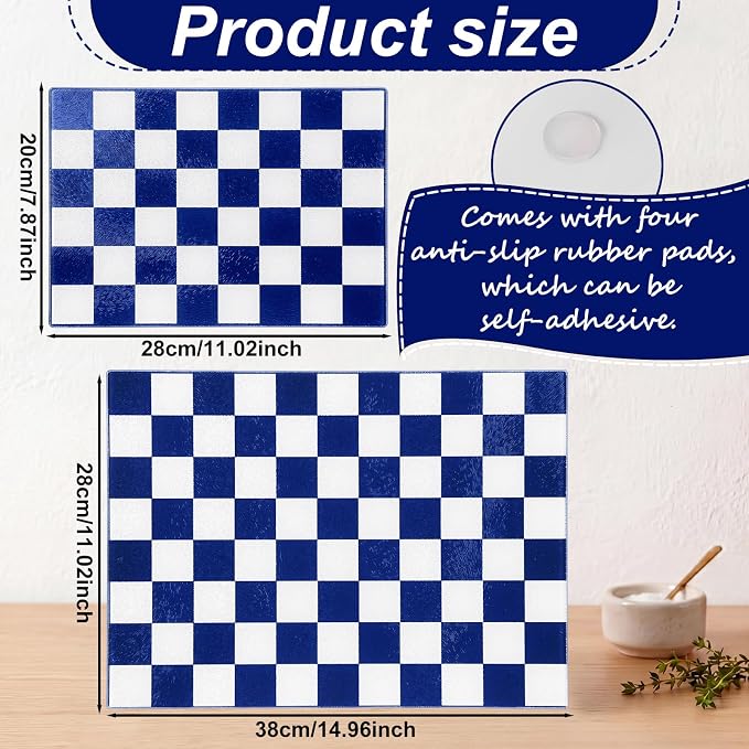 Thenshop Set of 2 Tempered Glass Cutting Boards Blue Check Countertop Cutting Boards Heat Resistant with Non-slip Feet for Kitchen Counter Housewarming Wedding Gift 7.9x11inch+11x15 Inch