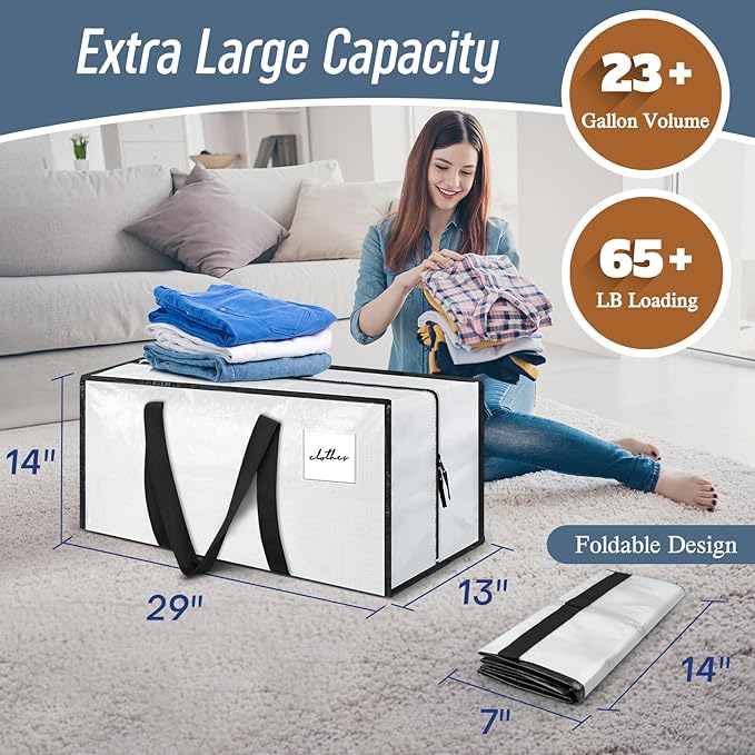 12 Pack Extra Heavy Duty Large Moving Bags with Strong Zipper, White | Comfortable Handles, Sturdy & Durable Clothes Storage Bags Totes Bins, Blue Packing Moving Boxes for College Supplies