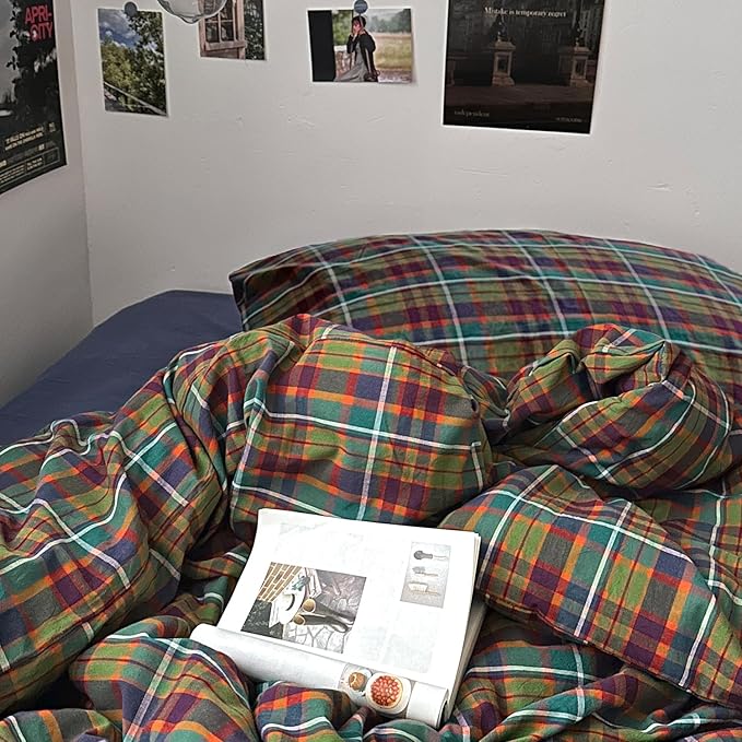 mixinni Buffalo Plaid Duvet Cover Set Twin Size - 100% Washed Cotton 3-Piece Bedding Set for Teen Boys Girls, Multicolor Retro Grid Design, Soft Breathable Comforter Cover for Dorm Room-Twin Size