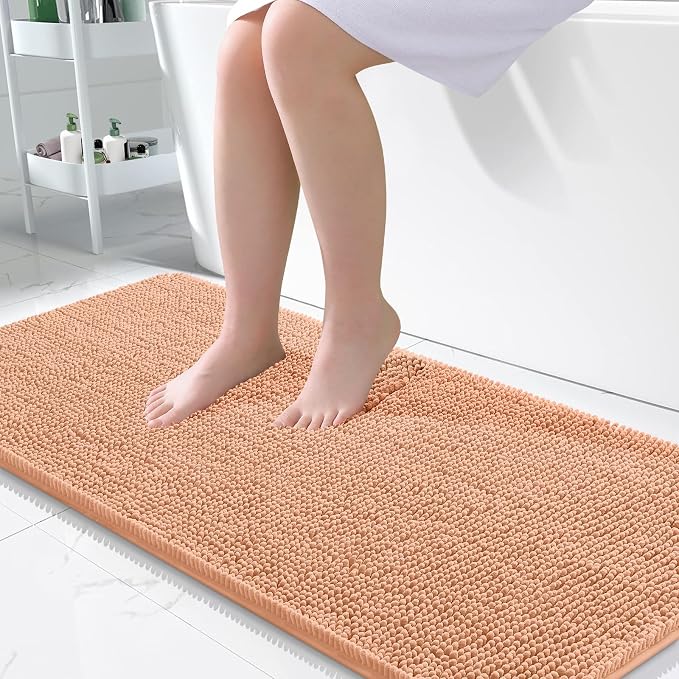 OLANLY Large Bathroom Rugs 45x27, Extra Soft Absorbent Chenille Bath Rugs, Rubber Backing Quick Dry, Machine Washable Bath Mats for Bathroom Floor, Tub and Shower, Home Decor Accessories, Peach