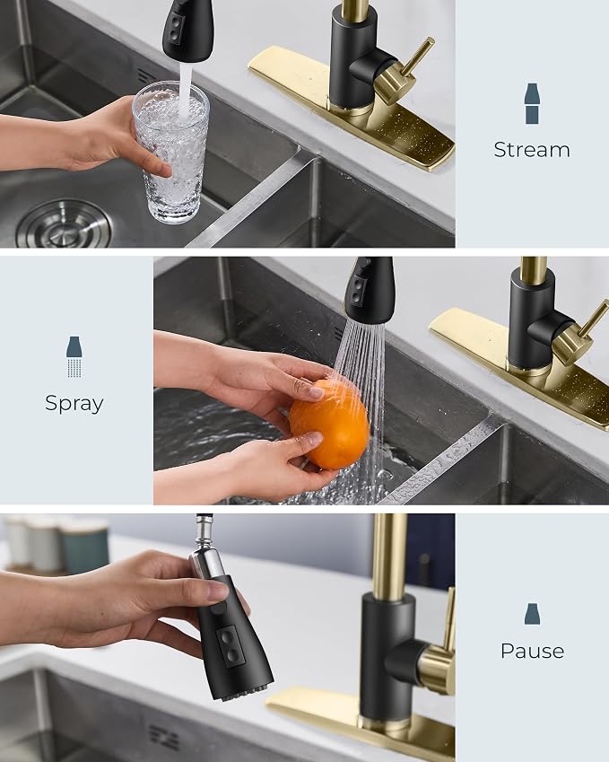FORIOUS Kitchen Faucets with Soap Dispenser and Pull Down Sprayer, Bar High Arc Single Handle Classic 3 Modes Stainless Steel Faucet for Kitchen Sink Farmhouse RV Laundry Camper, Black Gold