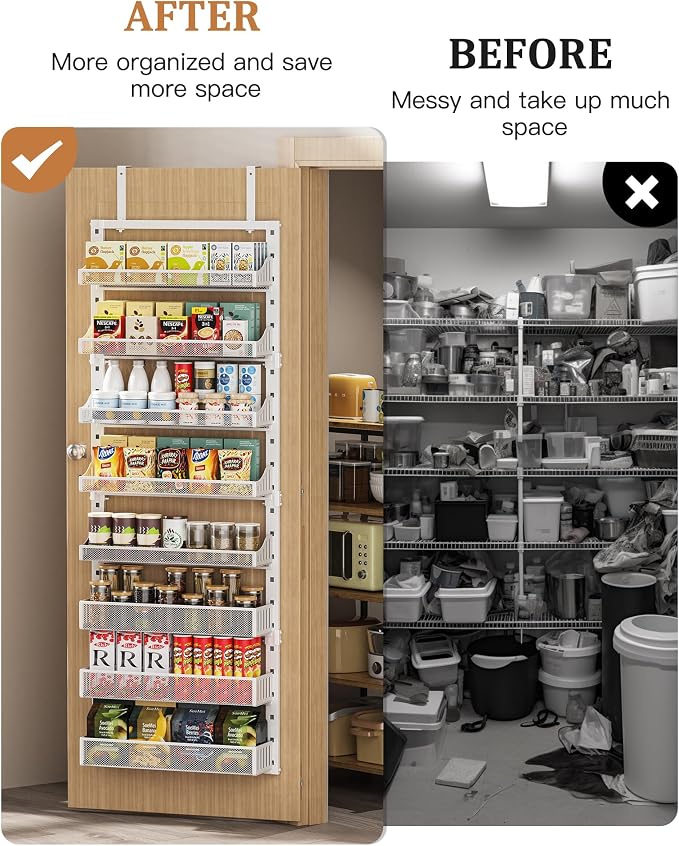 POKIPO Over the Door Pantry Organizer 8-Tier, Large Metal Door Spice Rack with Adjustable Basket, 2 in 1 Wall Mount or Hanging Heavy-Duty Pantry Door Storage Shelf for Kitchen and Bathroom, White