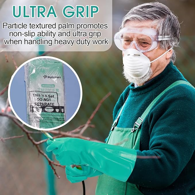 Potchen 10 Pairs Chemical Resistant Gloves Heavy Duty 15 Mil Nitrile Gloves Bulk for Cleaning, Resist Household Acid, Alkali and Oil (Small)