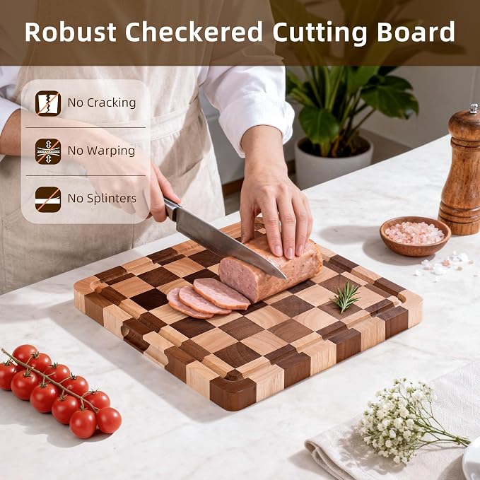Checkered Cutting Board for Kitchen - Wood End Grain Checkerboard Chopping Board with Handle & Juice Groove, Double Sided for Food Prep, Serving and Decor, Square 12" x 12" x 1" ﻿