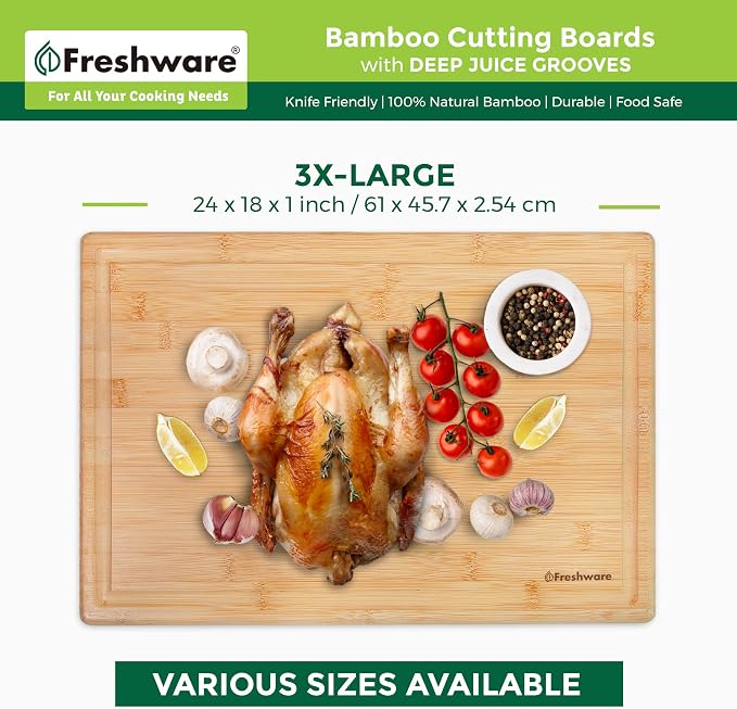 Freshware 24 Inch 3XL Bamboo Cutting Boards for Kitchen, Stove Top Butcher Block, Extra Large Wooden Carving Board for Meat, Veggies, Charcuterie Board with Deep Juice Grooves (3XL, 24x18")