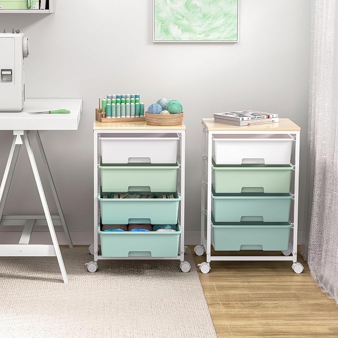 SYKIARIOL Utility Cart with 4 Drawers,Rolling Storage Cart with Drawers,Storage Rolling Drawer Cart with Wooden Tabletop for Bedroom,Kid's Room,Dorm,Classroom,Office,Green