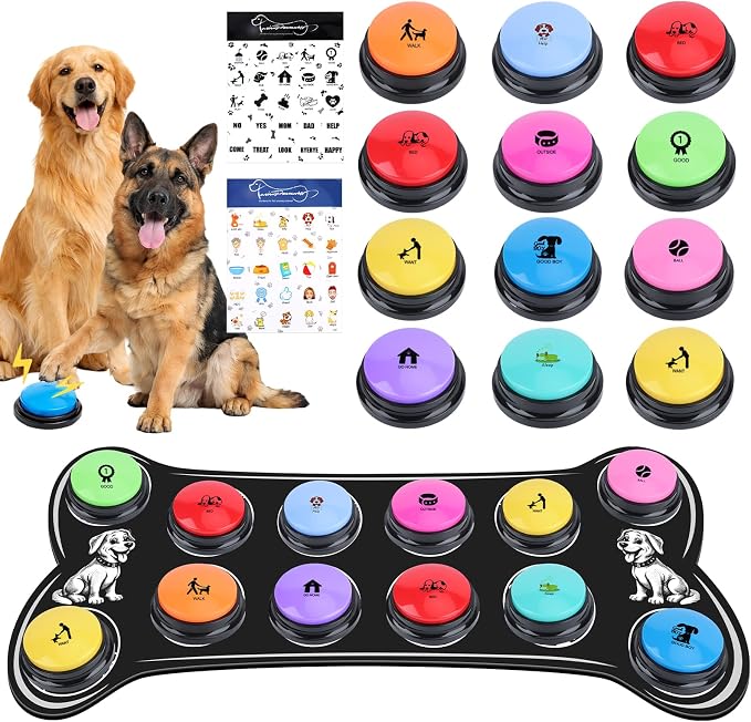 Dog Buttons for Communication,12 Pcs Talking Button Set with 30s Recordable Voice Pet Training Buzzers with Mat & 2 Stickers, Talking Buttons for Dogs & Cats (Batteries Not Included)