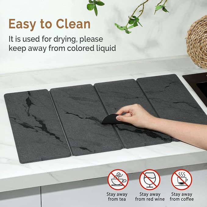 Large Stone Dish Drying Mat for Kitchen Counter, 2 PCS Quick Dry Stone Mats, Foldable Water Absorbing Diatomaceous Earth Drying Dishes Pad for Countertop Bottles Utensils Cup(Dark gray 24"x16"&8"x4")