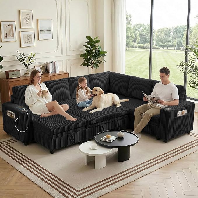 106 in L-Shaped Sectional Sleeper Sofa Couch for Living Room, Black | Pull Out Bed, 7 Seat Modular Design, Hidden Storage Space, USB Charging, Cup Holders, Soft Corduroy Fabric, Easy Assembly