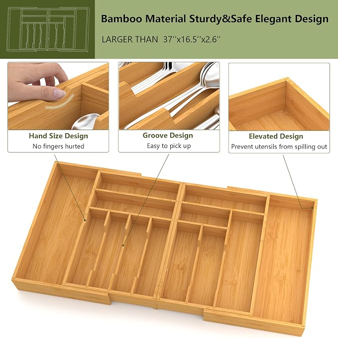 Suli Large Silverware Drawer Organizer, Adjustable Kitchen Flatware for Forks Knives and Spoons, Bamboo Cutlery Utensil Holder, Expandable from 22in-37in, Natural Bamboo