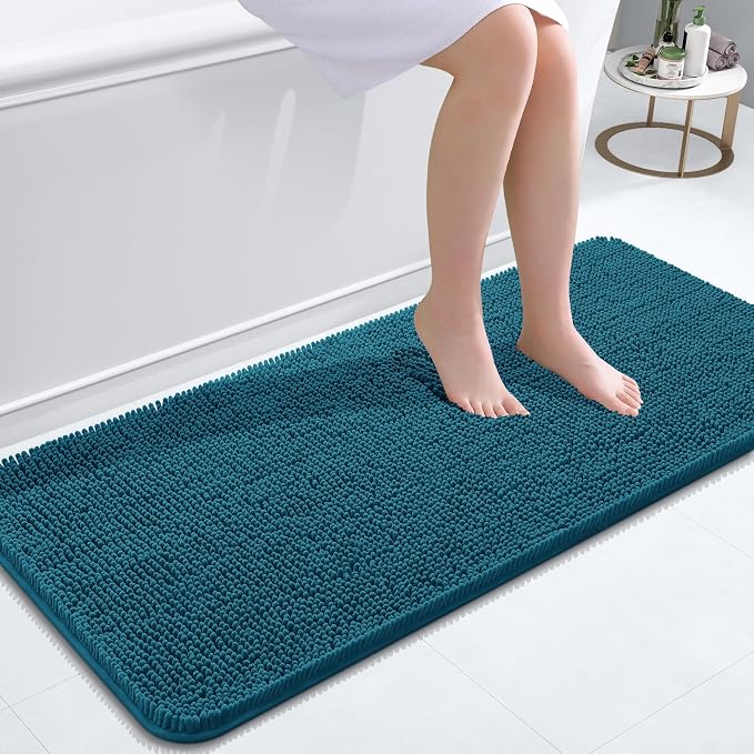 OLANLY Bathroom Runner Rugs 47x20, Soft Absorbent Chenille Bath Rugs, Rubber Backing Quick Dry, Machine Washable Long Bath Mats for Bathroom Floor, Tub and Shower, Home Decor Accessories, Peacock Blue