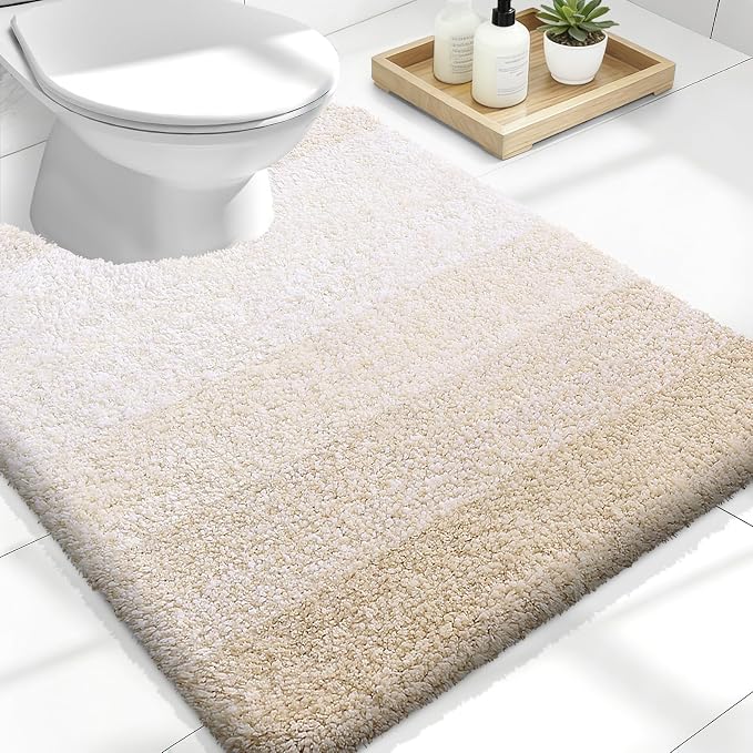 OLANLY Luxury Toilet Rugs U-Shaped 24x20, Extra Soft and Absorbent Microfiber Bathroom Rugs, Non-Slip Plush Shaggy Bath Mat, Machine Wash Dry, Contour Bathroom Mats for Toilet Base, Light Beige