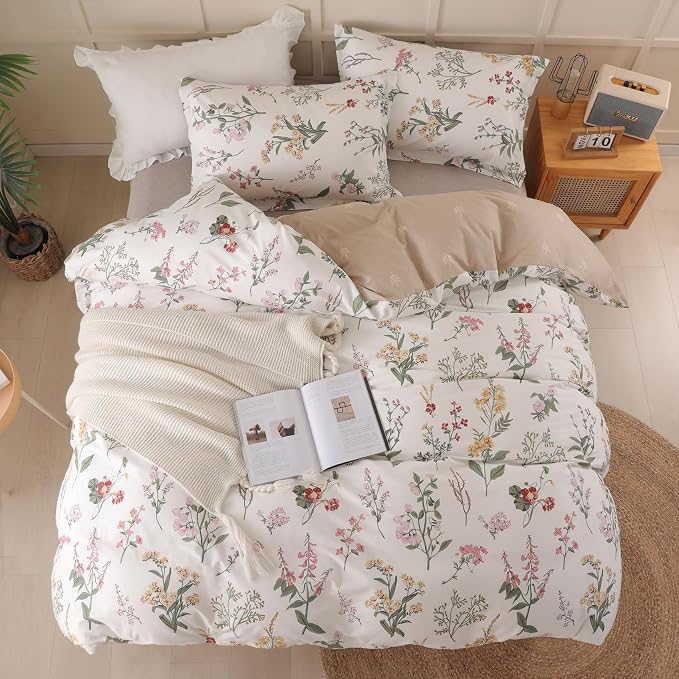 OAITE Duvet Cover Twin Size - 100% Cotton Comforter Cover Floral Duvet Cover Sets 3-PC, Breathable Duvet Cover with Zipper Closure & Corner Ties