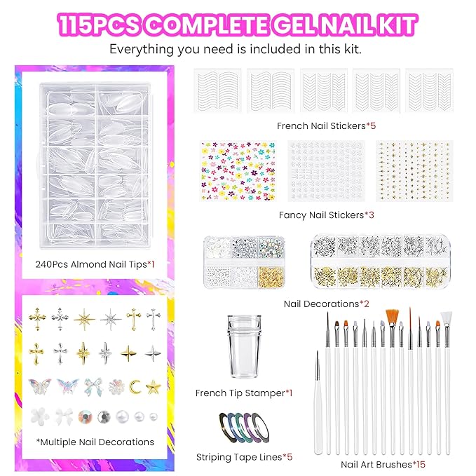 VANREESA 115Pcs Gel Nail Polish Kit with U V Light Nail Drill Almond Nail Tips -40 All Seasons Colors Gel Polish Set with 5Pcs Base Top Coat Gel Nail Kit for Beginners with Everything Gifts for Women