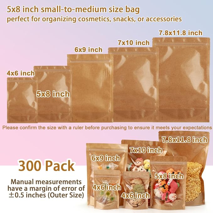 300 Pack Kraft Paper Bags with Clear Window 5x8 Reclosable Small Stand Up Mylar Bags for Food Storage Resealable Smell Proof Pouch, Edible Packaging, Reusable bags for Small Business