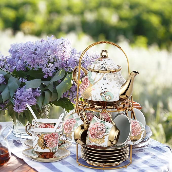 Zhehao 20 Pcs Porcelain Tea Set with Metal Holder and Spoon Adult Ceramic Tea Set European Flower Painting Teapot Cup Saucer Spoon for Women Mom Gift, Large Version (Bright Style)
