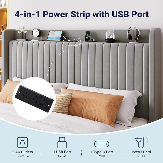 Allewie King Lift Up Storage Hydraulic Bed Frame,Charging Station,Grey | Storage Shelf Headboard with Charging Station,Type-C,USB Ports,Hydraulic Support,Velvet Upholstered,No Box Spring Needed