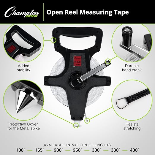 Champion Sports Open Reel Measuring Tapes – Durable Hand Crank with Metal Spike, Dual-Sided Feet & Meters, Perfect for Track & Field and Long Jump, 200 Feet/60 Meters