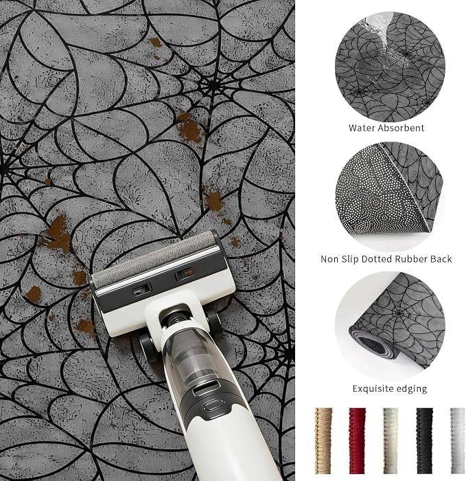 Large Area Rug 4'x6', Grey Halloween Washable Rectangular Area Rugs for Living Room Bedroom Office, Black Spiders Net Classic Gingham Non Slip Kitchen Rug Mats Indoor Floor Accent Throw Carpet