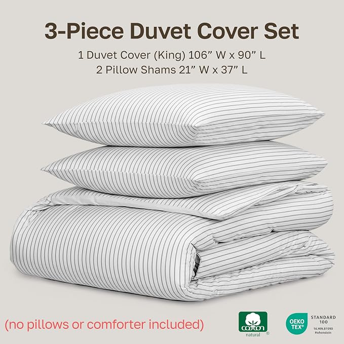 California Design Den Printed 100% Cotton King Duvet Cover Set - 400 Thread Count Sateen, Printed Bedding Set with Button Closure and Corner Ties (3 Piece, Pinstripe Print)