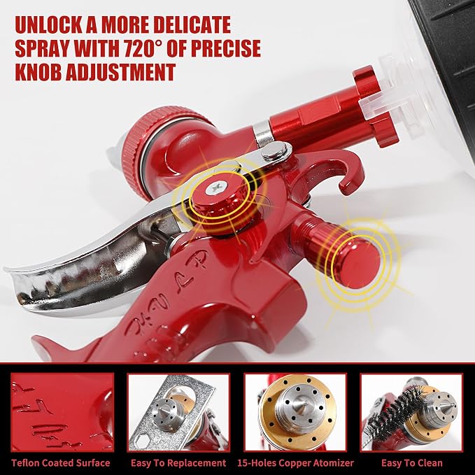 HVLP Spray Gun Kit with 10 Disposable 600ML Paint Cups & 5 Nozzles | 1.4/1.7/2.0/2.5/3.0mm Nozzles Gravity Feed Spray Gun & Disposable Paint Cups for Auto Painting, Primer (Red Wine)