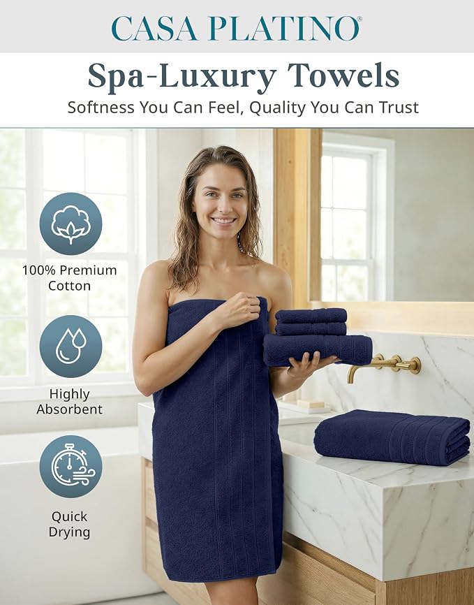 Casa Platino Towel Set for Bathroom Soft Absorbent Quick Dry - Navy | Bath Towel Sets For Bathroom - Dobby Border Accent, OEKO-TEX Certified, Ring-Spun Durability, Ring-Spun Cotton, Densely Woven