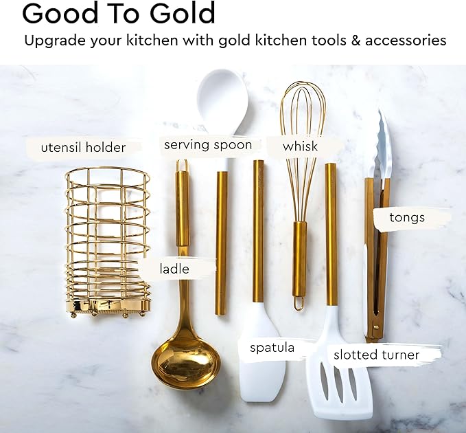 Gold Kitchen Utensils Set – 7-Piece White Silicone Cooking Tools with Gold Utensil Holder – Luxury Kitchen Accessories for Stylish Cooking and Serving, Ideal for Gifting