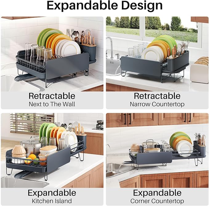SNTD Dish Drying Rack - Large Dish Racks for Kitchen Counter, Expandable Dish Drainers with Cutlery Holder Stainless Steel Rustproof (Grey)