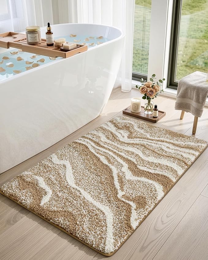 DEXI Bathroom Rug Mat 43x24, Soft and Absorbent Marble Bath Mat, Non Slip Machine Washable Bath Rugs for Shower Floor, Tub, Sink, Dark Beige