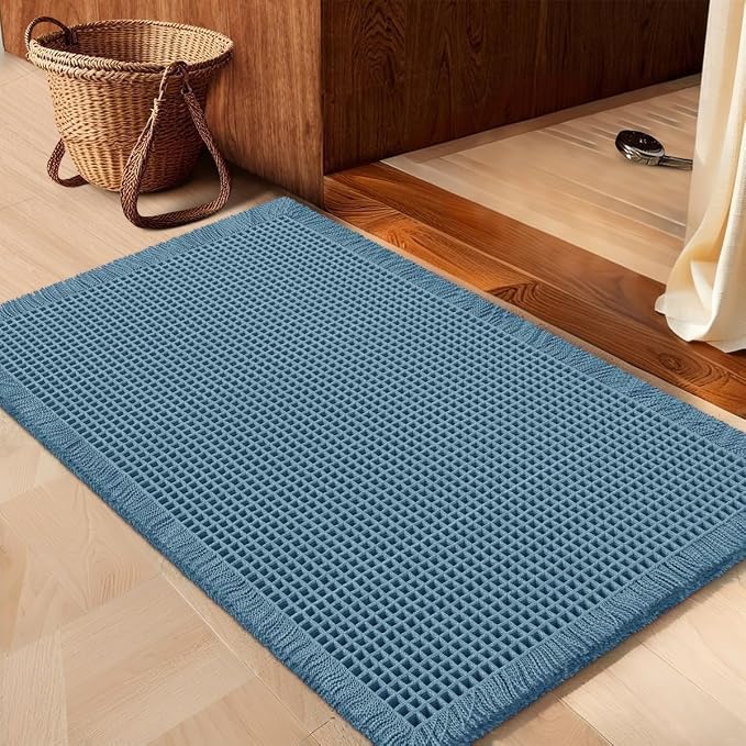IM HOME Waffle Bath Mat Blue 36"x24", Boho Woven Modern Bath Mat Rugs, Absorbent Non Slip Bathroom Rugs, Soft Washable Bath Rugs with Tassels for Bedroom, Kitchen, Shower, Tub