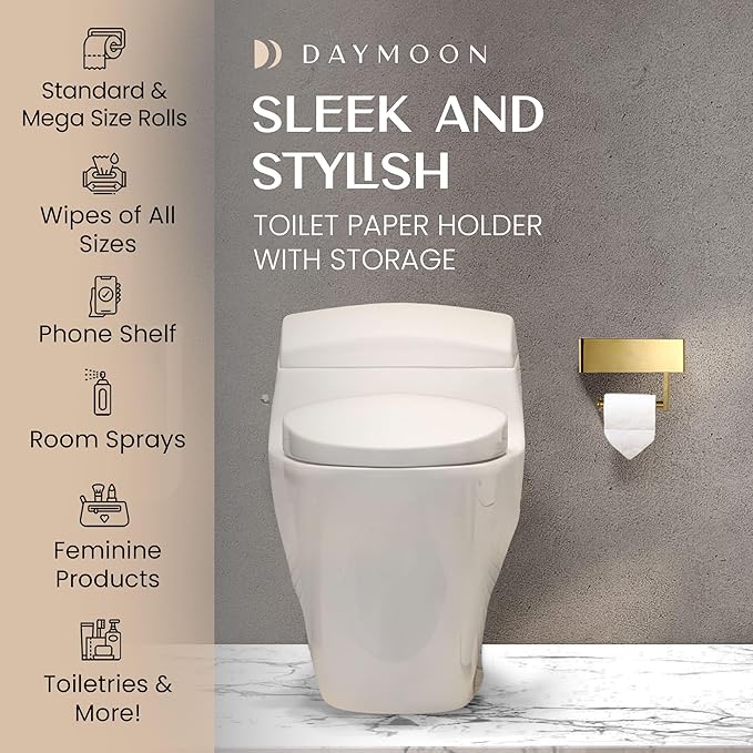 Day Moon™ - Toilet Paper Holder with Shelf - Modern Roll Holder for Bathroom - 1 Pack - Wall Mount - with Storage, Gold