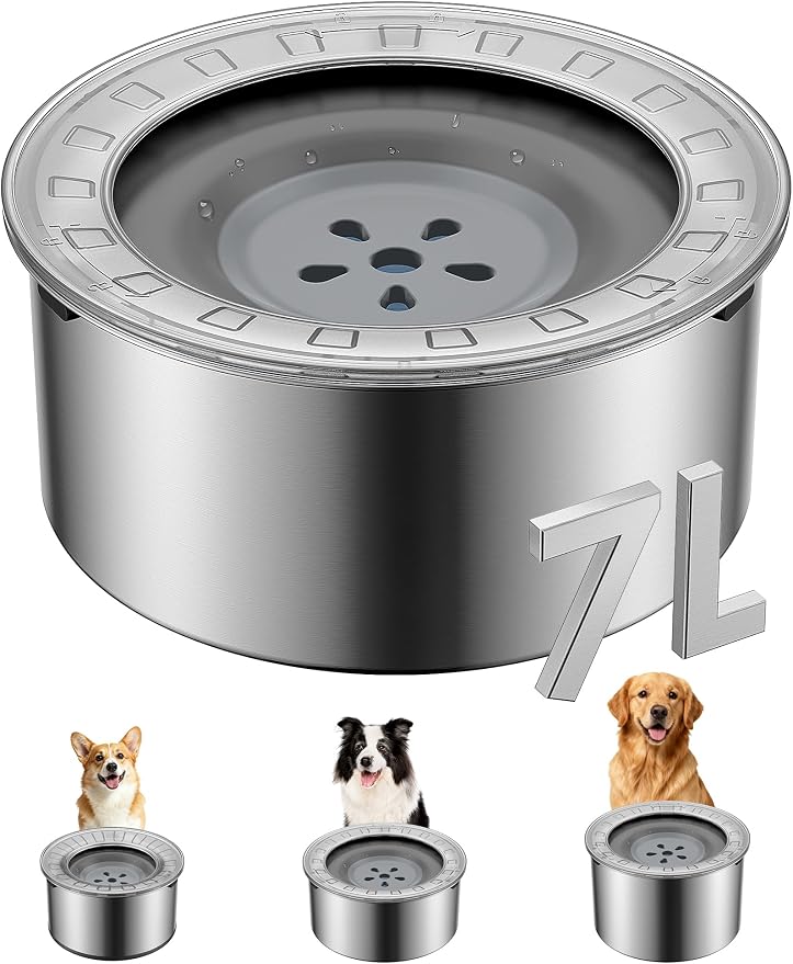 Heouvo 1.8 Gallon No Spill Dog Water Bowl with Slow Drink Floating Disk | Splash-Proof Lid + Stainless Steel Bowl/Rubber Bottom/Slobber Stopper Water Bowl for Large Sloppy Messy Drinkers Reduce Mess