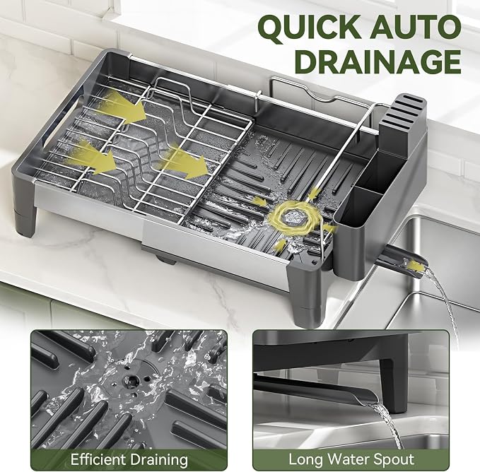 Urackify Expandable Dish Drying Rack, Stainless and Aluminum Frame, Gray | Dish Drainer for Kitchen Counter, Space Saving Kitchen Drying Rack with Movable Utensil Holder, 19.69"L x 13.46"W x 9.06"H