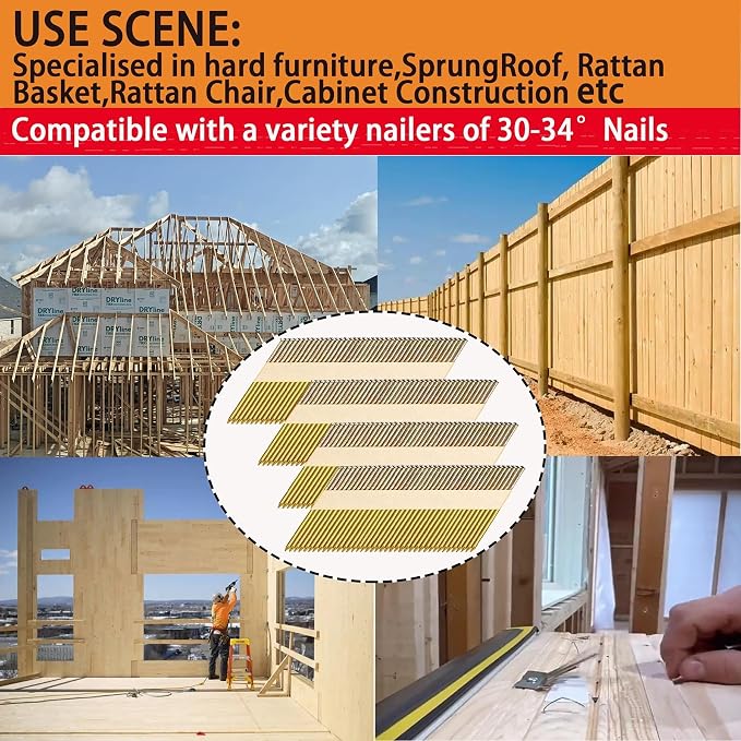 34°Framing Nails,Smooth Shank,2",2-1/2",3",3-1/2":1000pcs | D Head Nail Pack,Galvanized Paper Tape Strip Nails,Smooth Shank,for 30 to 34 Degree Framing Nailer