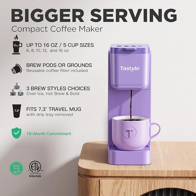 Tastyle Single Serve Coffee Maker Hot and Iced with Bold Brew, Up to 16 Oz | for K Cup and Ground, Fits 7.3'' Travel Mug, 5 Cup Sizes, Compact for Office, RV& Hotel, K320, 3.0 Version, Purple