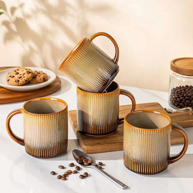 theterra Ceramic Coffee Mugs Set of 6, 14.2oz Handmade Coffee Cups with Handle for Latte, Tea, Milk, Beer, Hot Cocoa, Creamy Amber