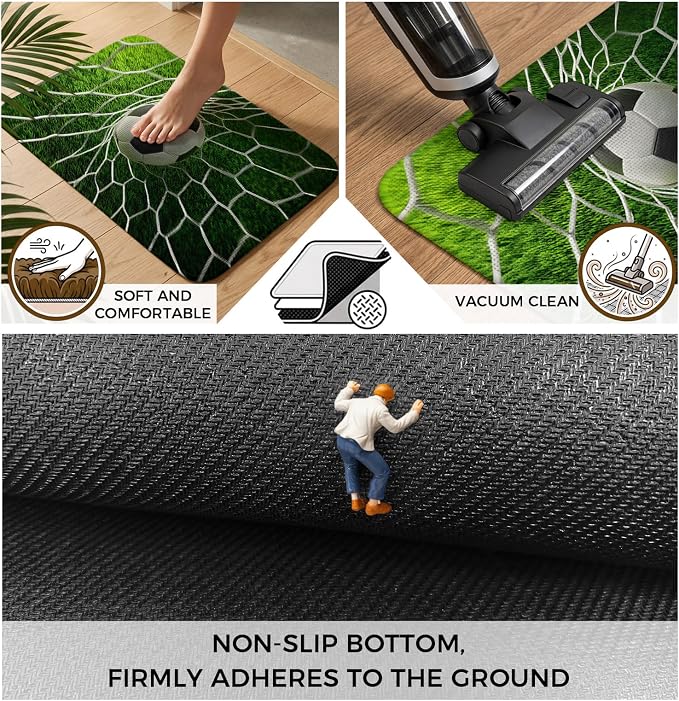 Soccer Washable Area Rugs for Living Room Bedroom, Large Non Slip Indoor Floor Carpet Absorbent Low Pile Goal Net Competitive Green Grass Athletic Door Mat Rugs for Bathroom Entryway 47.2"x63"
