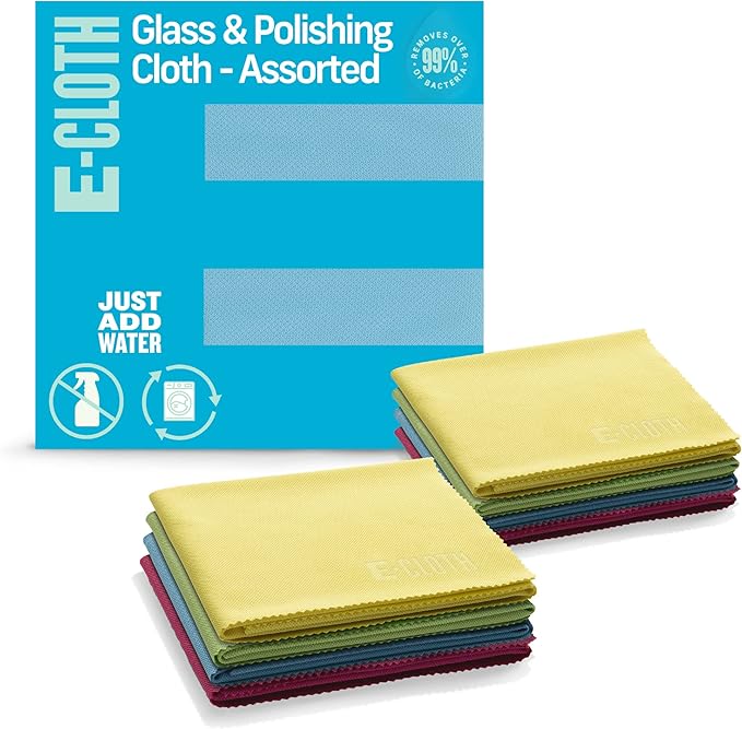 E-Cloth Glass & Polishing Cloths, Premium Microfiber Glass Cleaner, Great for Windows, Glass and Mirrors, Washable and Reusable, 100 Wash Guarantee, Assorted Colors, 8 Pack