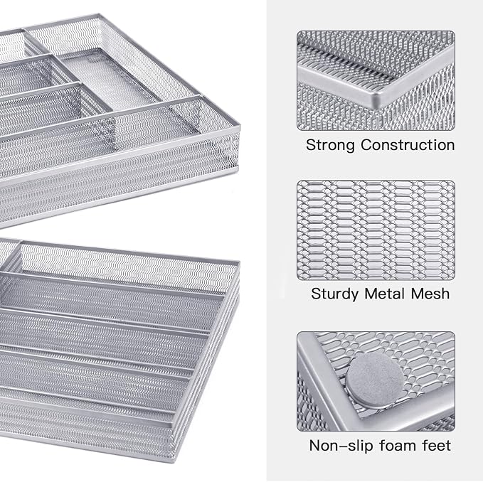 Neudeco Drawer Organizer Set, Silver Mesh, 6 Pack | 5-Compartment Silverware Tray, 5 Utensil Trays, Non-Slip, For Flatware, Cutlery, Office Supplies