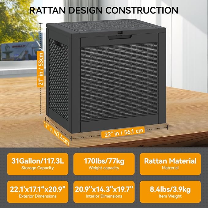 31 Gallon Outdoor Storage Box, Resin Deck Boxes Indoor and outdoor, Waterproof Storage Box Lockable Lid for Garden Tools, Package Delivery, Pool Supplies, Patio Cushions, Black