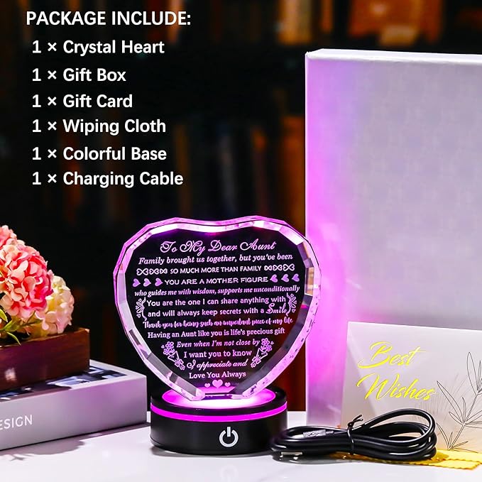 YWHL Aunt Birthday Gifts for Women with Colorful LED Base Unique Heart Gifts for Aunt from Niece Nephew Best Auntie Gift Ideas on Mothers Day Thanksgiving